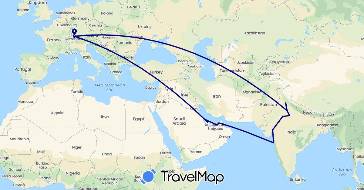 TravelMap itinerary: driving in United Arab Emirates, Bahrain, Switzerland, India, Qatar (Asia, Europe)